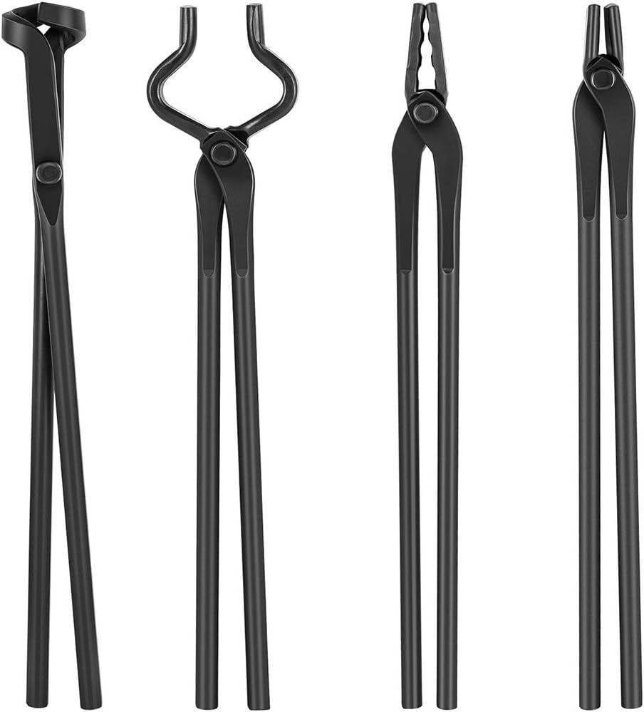 Beginner Blacksmith Tong Set Includes Flat, V Bit, Blade & Wolf Jaw Tongs 4-Pack