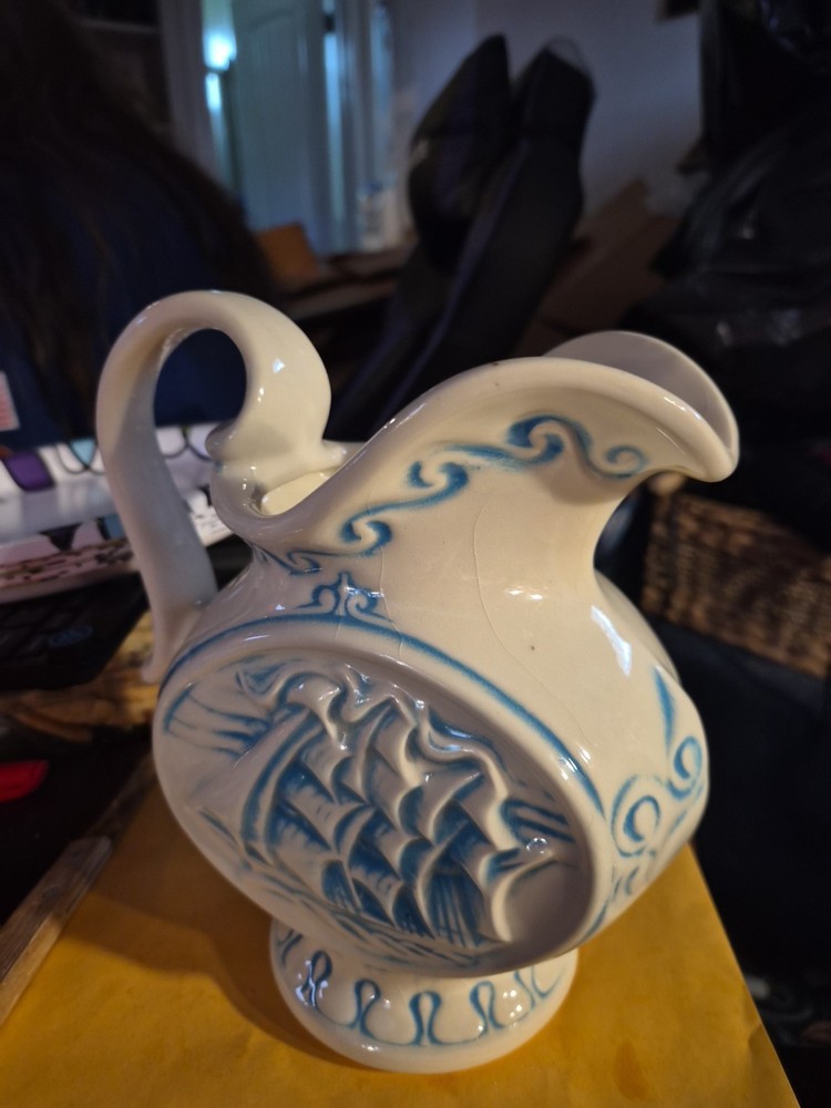 Mccoy Clipper Ship Ceramic Pitcher Blue & Ivory 8”