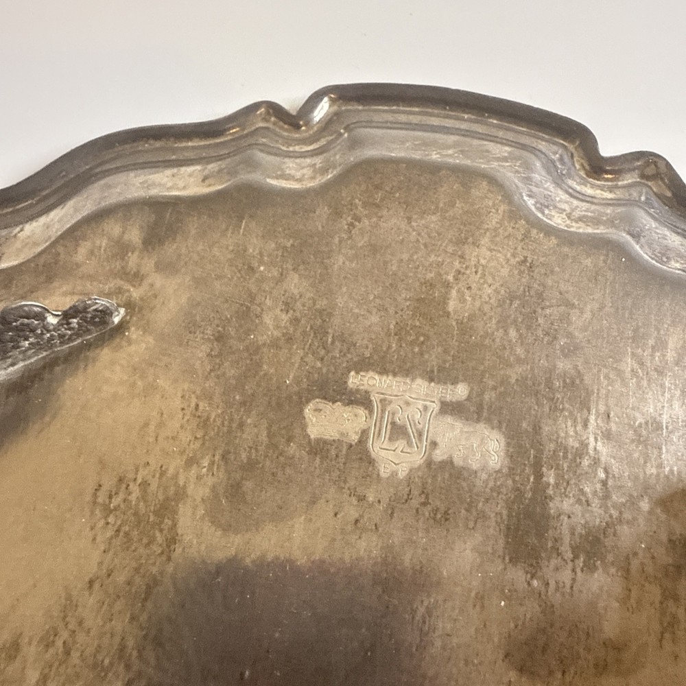 Vtg Silver Platter Tray Etched Scrollwork Footed Serving Leonard Silver