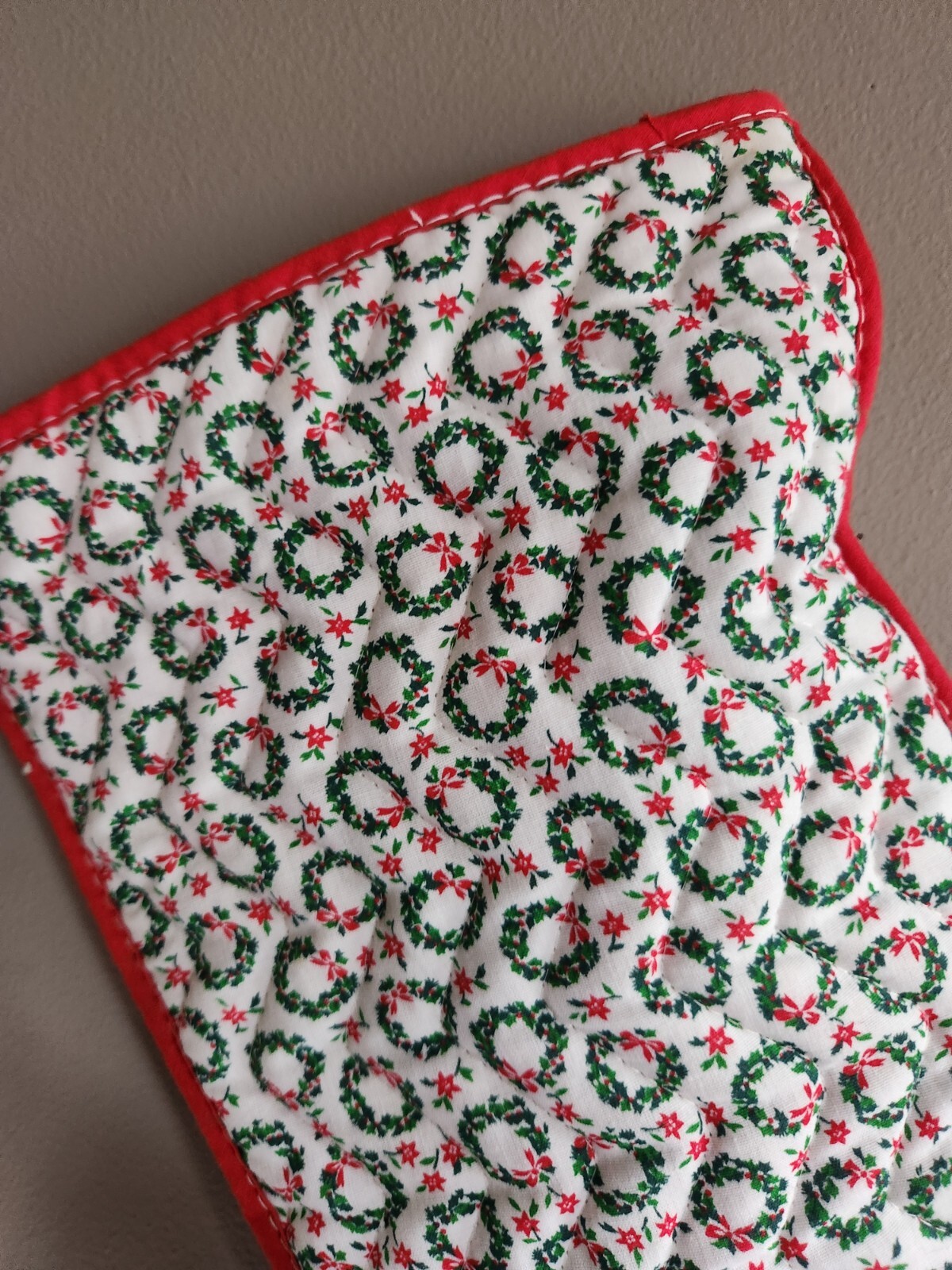 Christmas Stocking White with Green Wreaths & Red Poinsettia Pattern