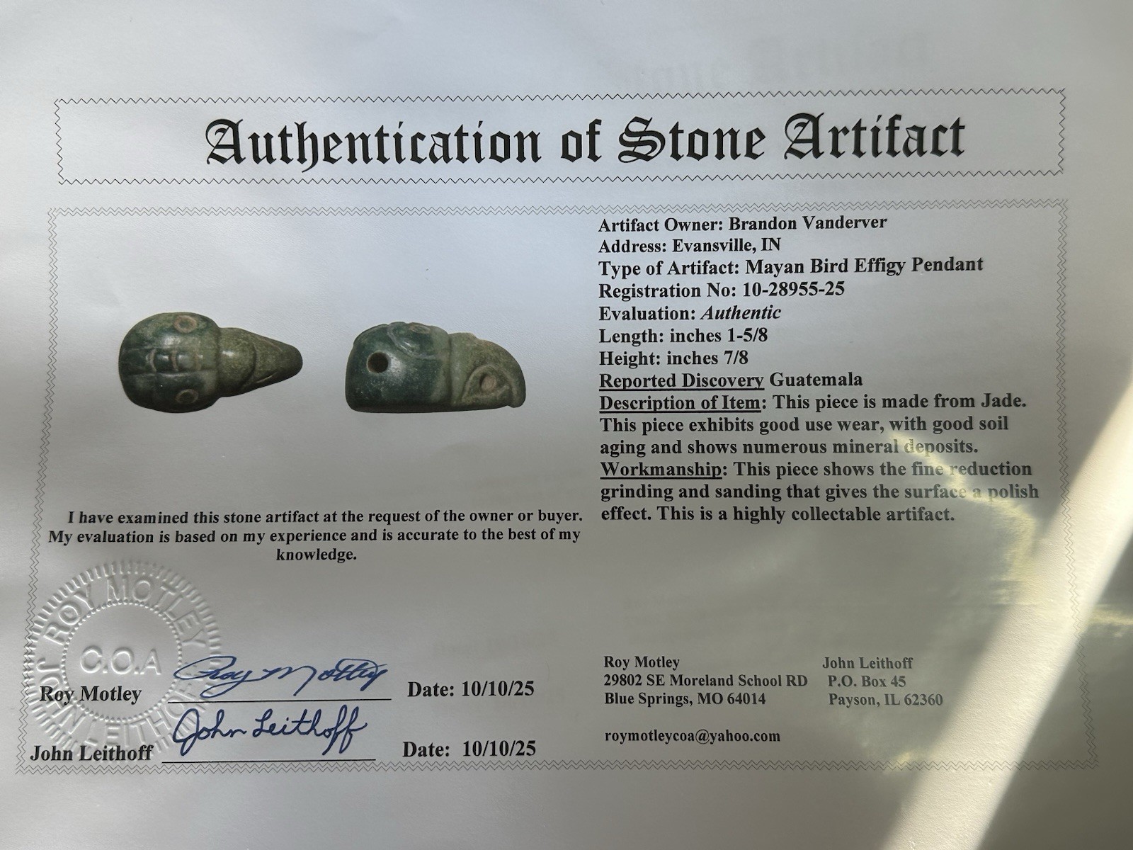 EXCEPTIONAL PRE-COLUMBIAN BIRD EFFIGY MAYAN JADE PENDANT FIGURINE IDOL MAYA, COA