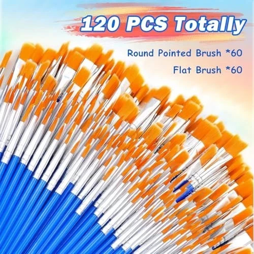 Small Paint Brushes Bulk 120 Pcs - Flat & Round Tip for MIX(60Flat +60Round)