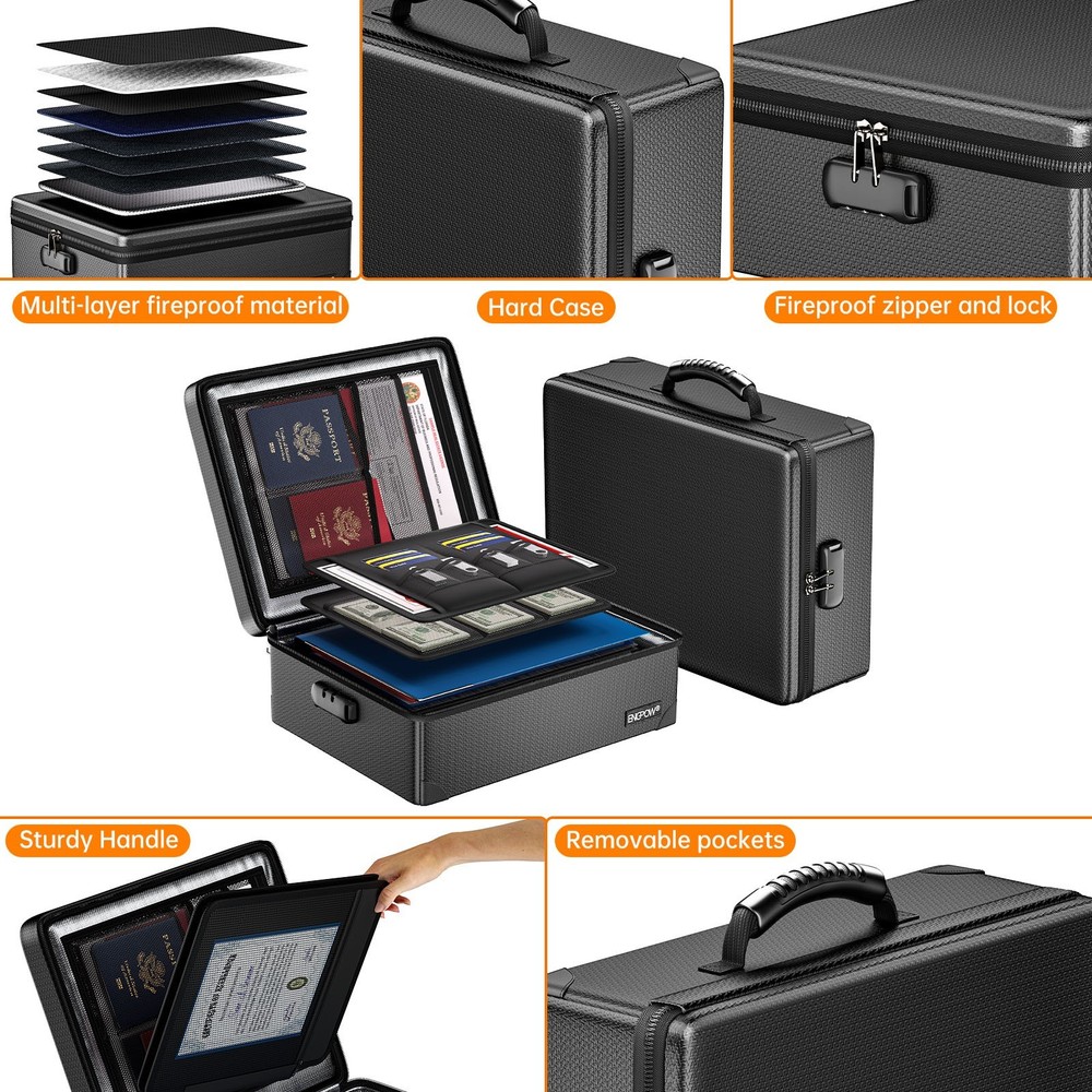 ENGPOW Fireproof Hard-Shell File Box with Fireproof Zipper and Lock