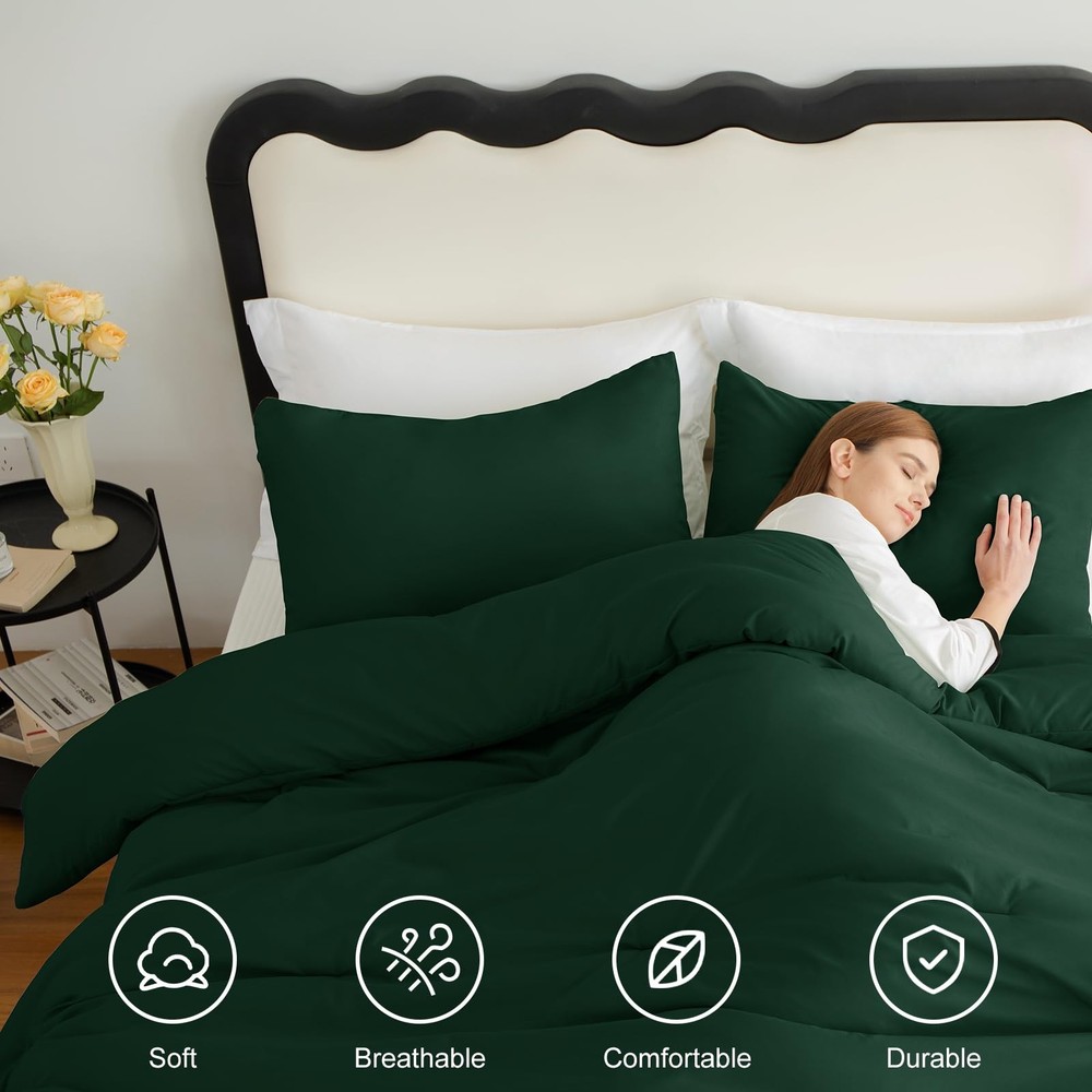 King Size Comforter Set Emerald Green, 3 Pieces Solid Comforters King Size Br...