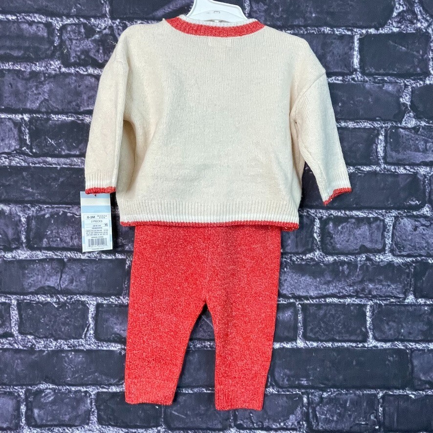 Cat & Jack 0-3 Month Knit Reindeer Cream Red Pants Set
