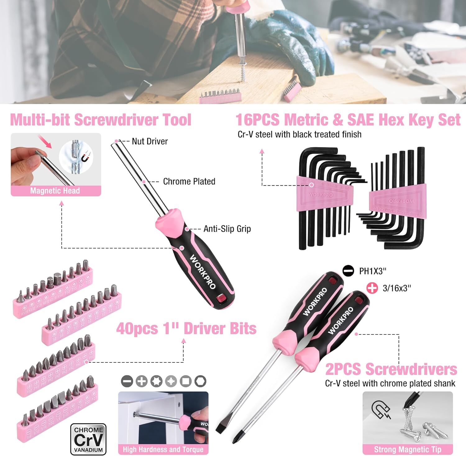 WORKPRO Pink Household Home Tool Kit, 284PC Mechanic Tool Set with Socket Set