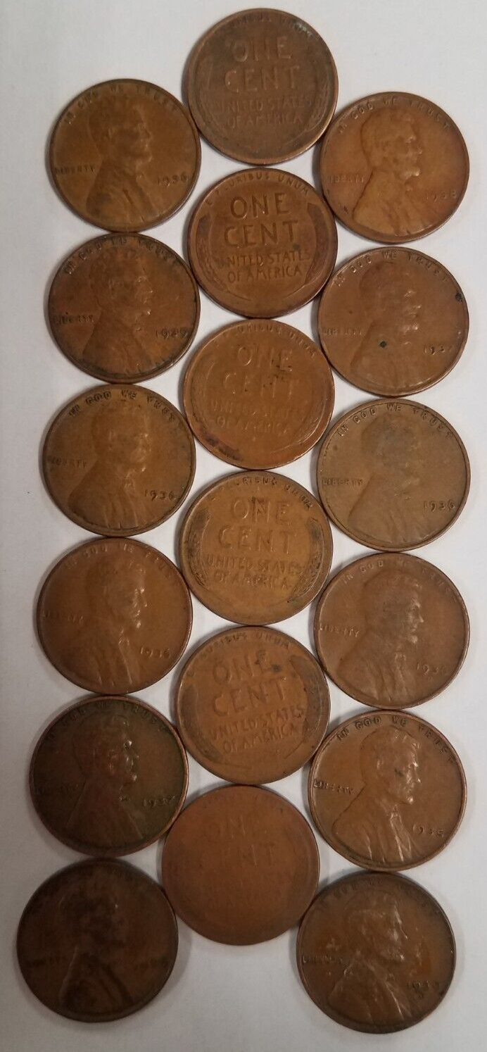 1323039M84018 LOT OF 18 WHEAT PENNIES LINCOLN CENT COINS 1930-1939 85+ YEARS OLD