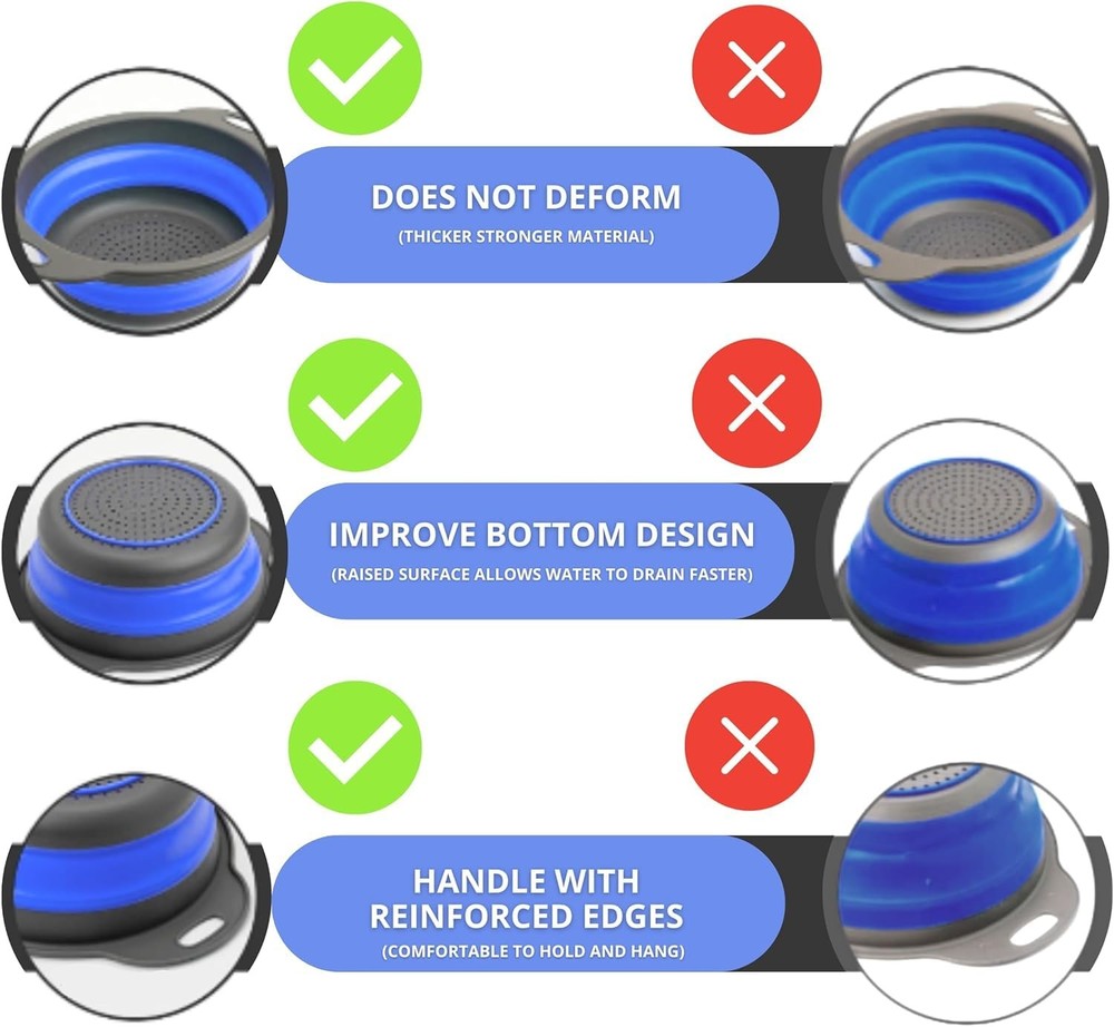 Blue Round Silicone Collapsible Kitchen Colander Plastic Handle Strainer