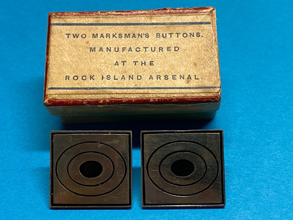 1885-1903, US ARMY MARKSMAN'S BUTTONS, 2nd PATTERN, 2 BUTTONS + ORIGINAL BOX
