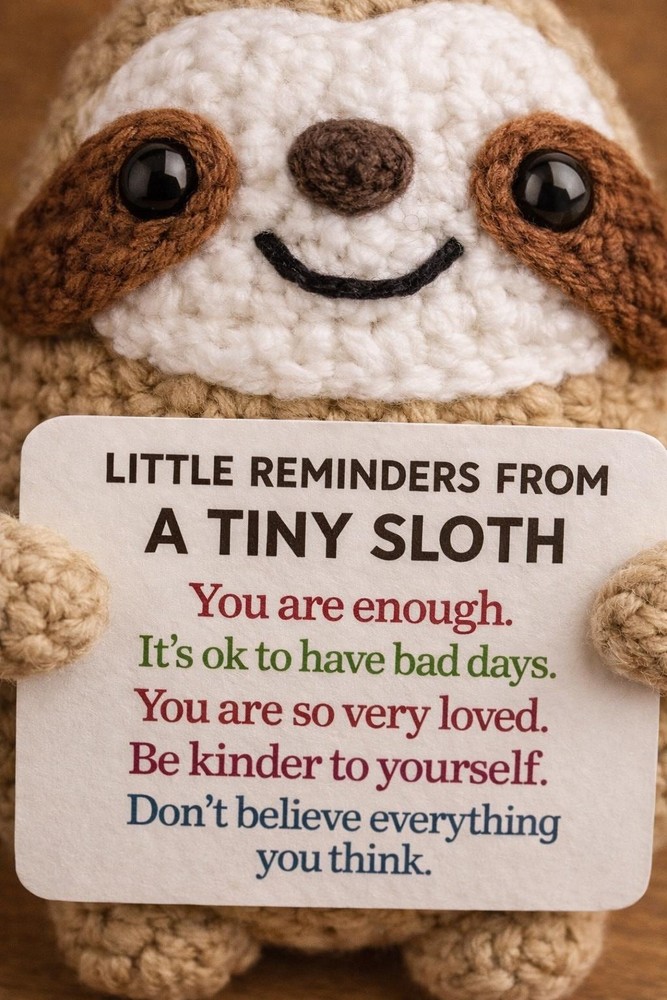 Tiny Sloth Positive Affirmation Plush • Cute Desk Decor • Pocket Reminder