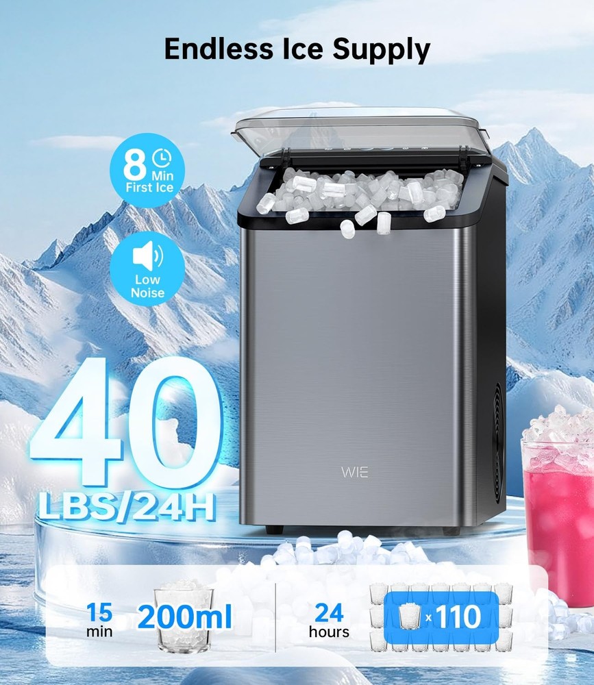Ice Maker Nugget Countertop 40LBS Pebble Ice Machine,Quick Ice Making,Soft Cr...