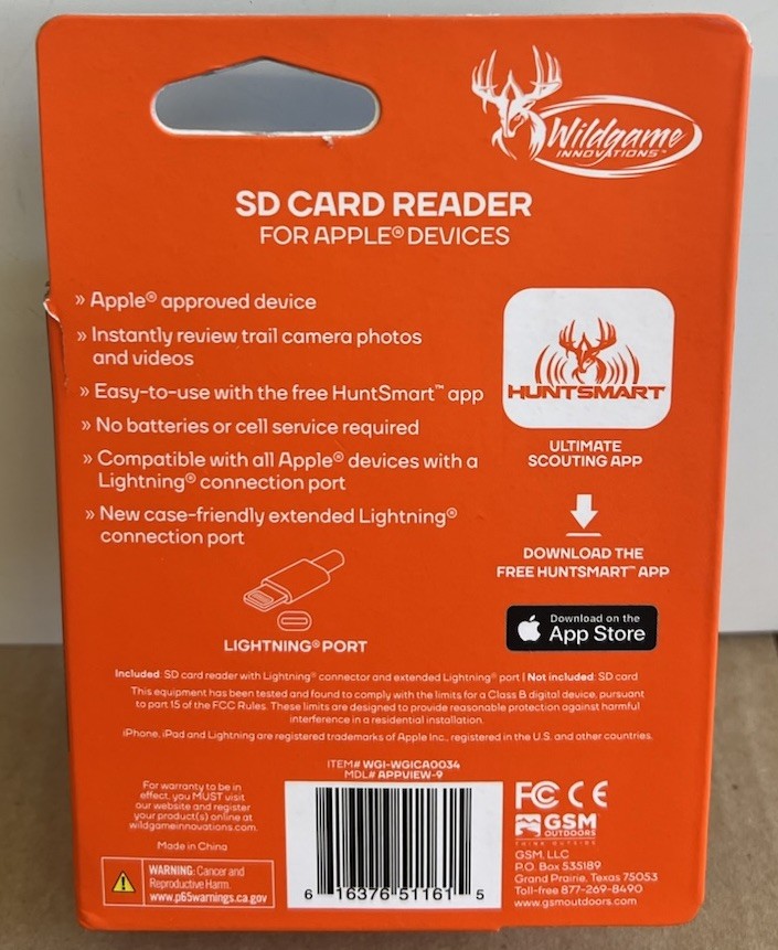 NEW Wildgame Innovations SD Card Reader for Apple Devices Lightning Port iPhone