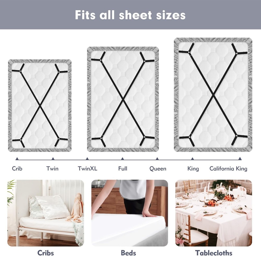 TEESSUE 4 Pcs Bed Sheet Straps, Adjustable Fitted Sheet Clips Keeping Sheets ...