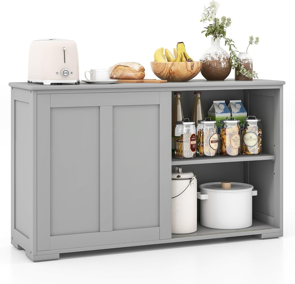 Grey Buffet Cabinet with Storage, Sliding Door & Adjustable Shelves
