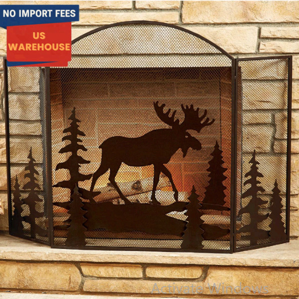 Moose Fireplace Screen 3 Panel Metal Mesh Rustic Cabin Decor 44.5”