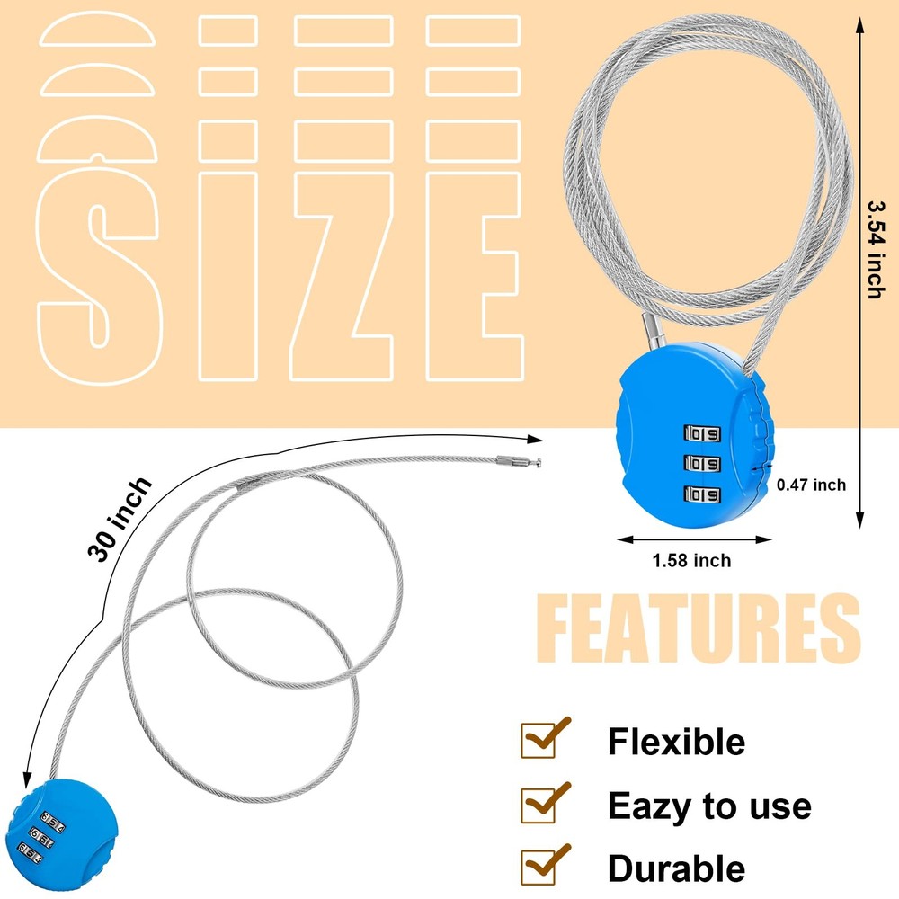 3 Pieces Cable Luggage Locks 3 Digit Combination Locks Combo Locks Wire Strol...