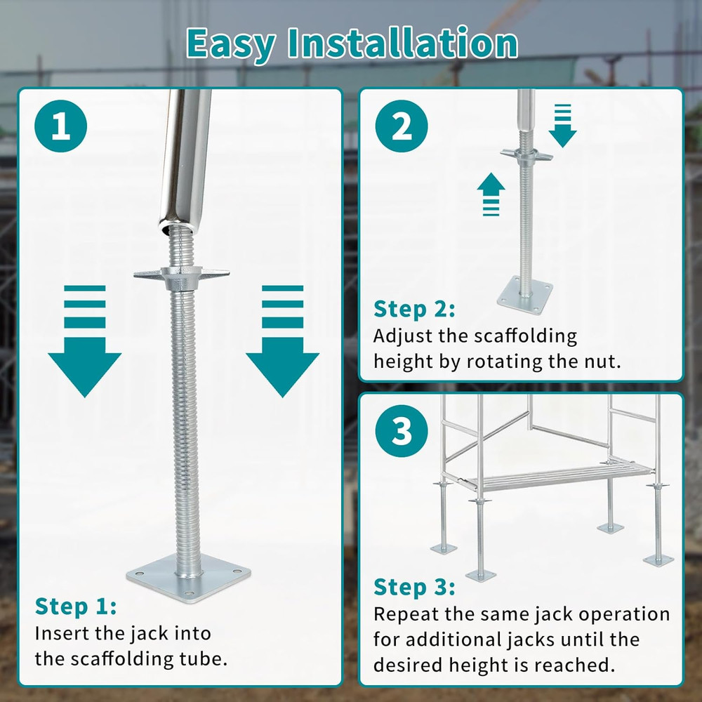 24" Adjustable Scaffolding Leveling Jack, Galvanized Steel, 4-Pack