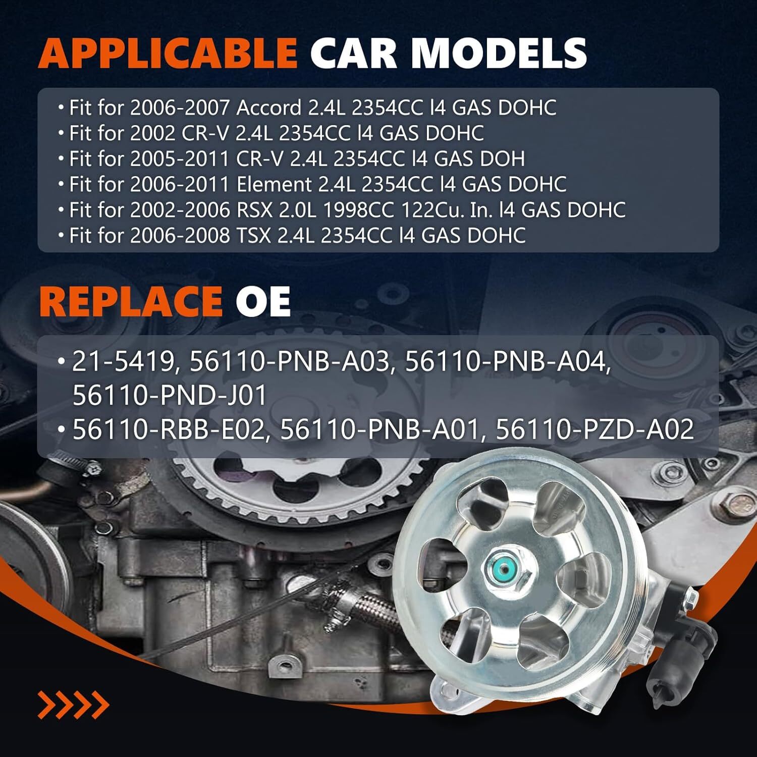 Power Steering Pump w/ Pulley for 2002-2006 Acura RSX Honda Element CR-V 21-5419