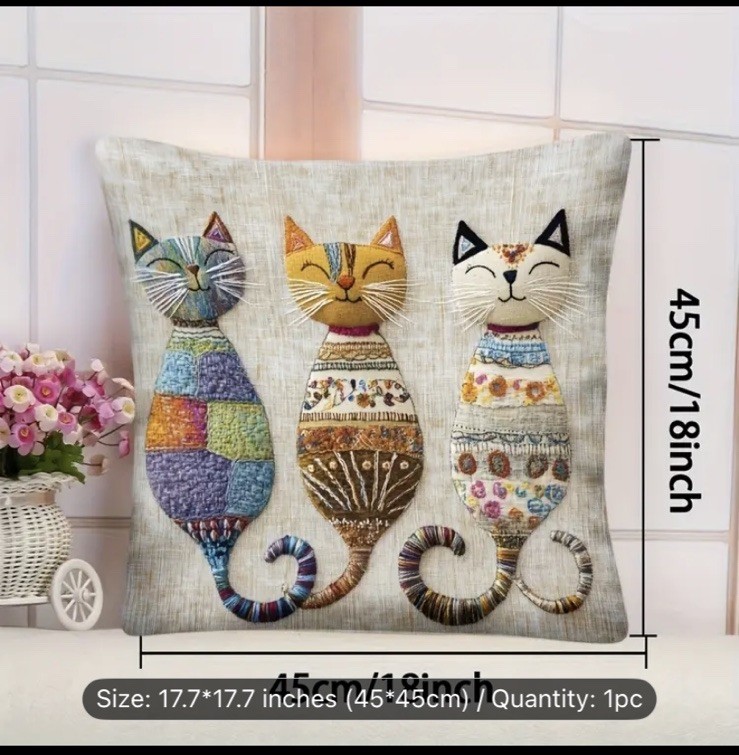 SET OF 2 - 18” 3 SOFT Cat Trio Pillowcase Farmhouse Sofa Pillow Beige Cats