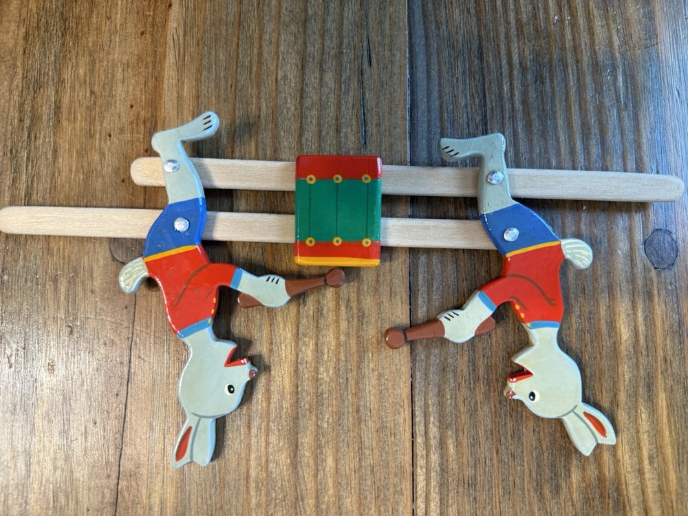 Vintage German Wooden You Bunny Rabbit Playing Drum Push Pull Effect Toy