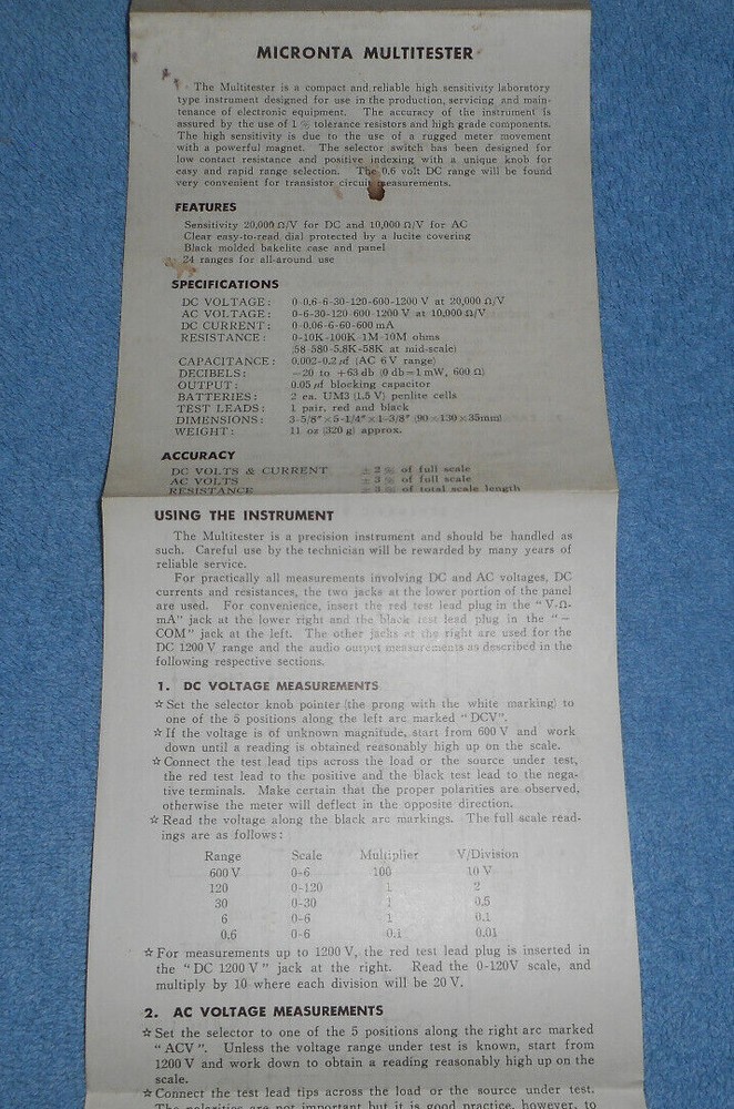 Vintage Micronta Multitester Instructions Only Schematic Diagram