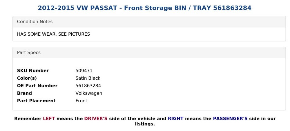 2012-2015 VW PASSAT - Front Storage BIN / TRAY 561863284