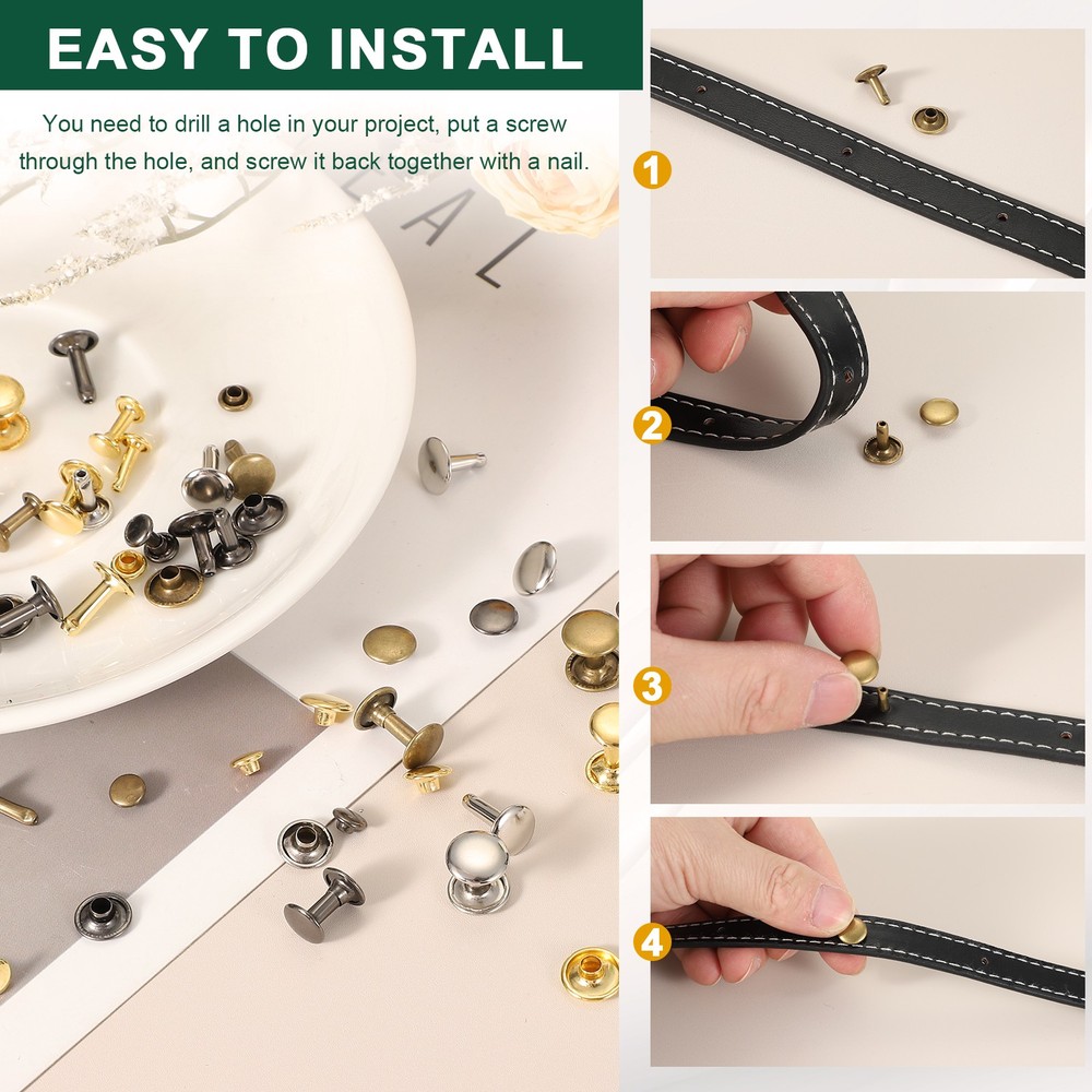 30 Sets Double Cap Leather Rivets, 8x10mm Round Cap Metal Studs, Black