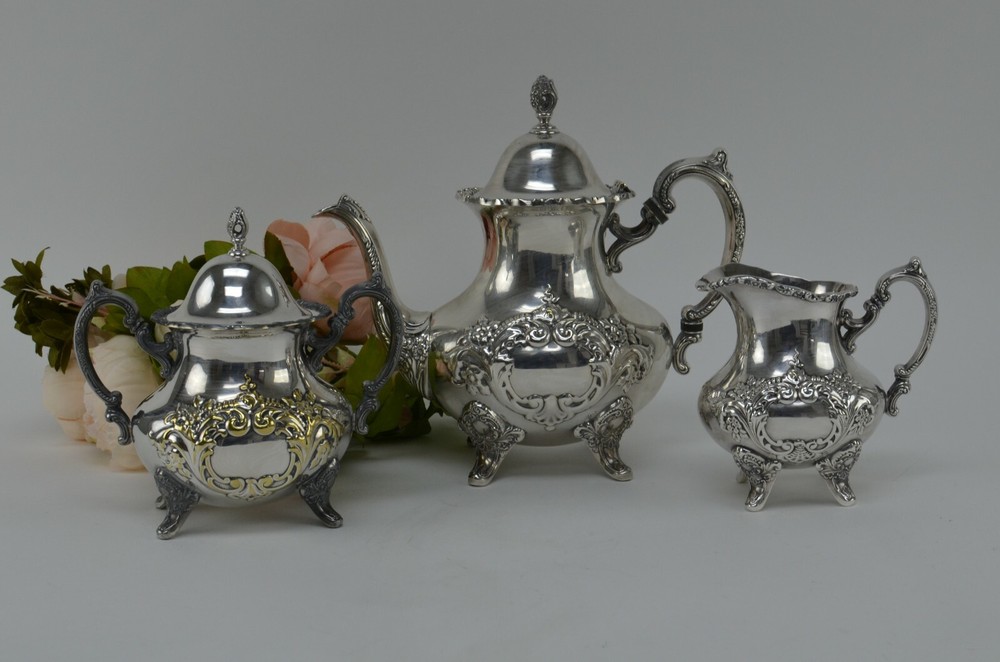 EPCA by Poole Silverplate Teapot #600 - Hand Chased Tea Pot,Sugar Bowl & Creamer