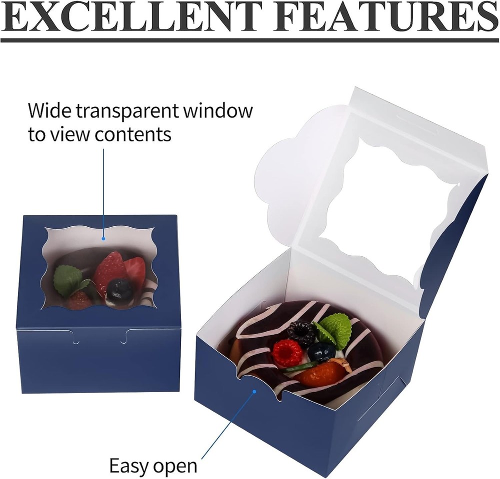 60 Blue Bakery Boxes with Window – Elegant Cupcake & Cookie Gift Boxes 4x4x2.5