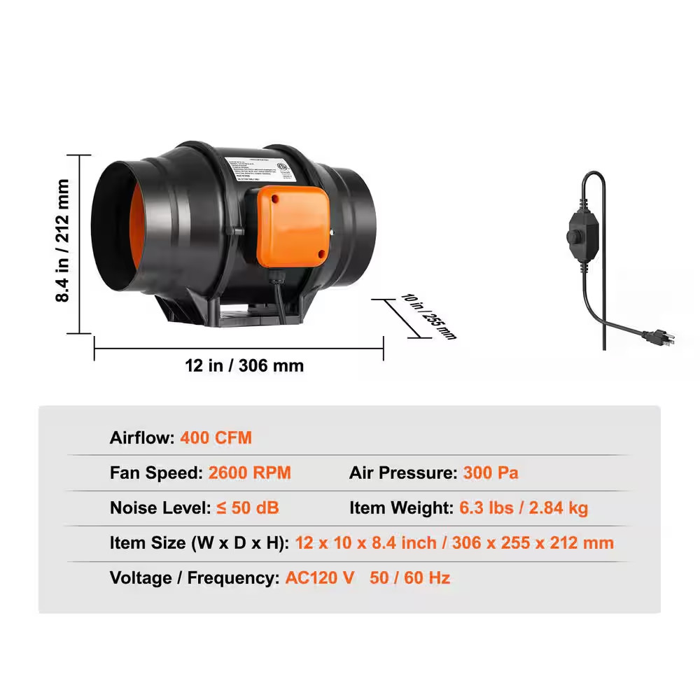 Inline Duct Fan 6-In. 400 CFM with Variable Speed Controller Quiet Ac-Motor Vent