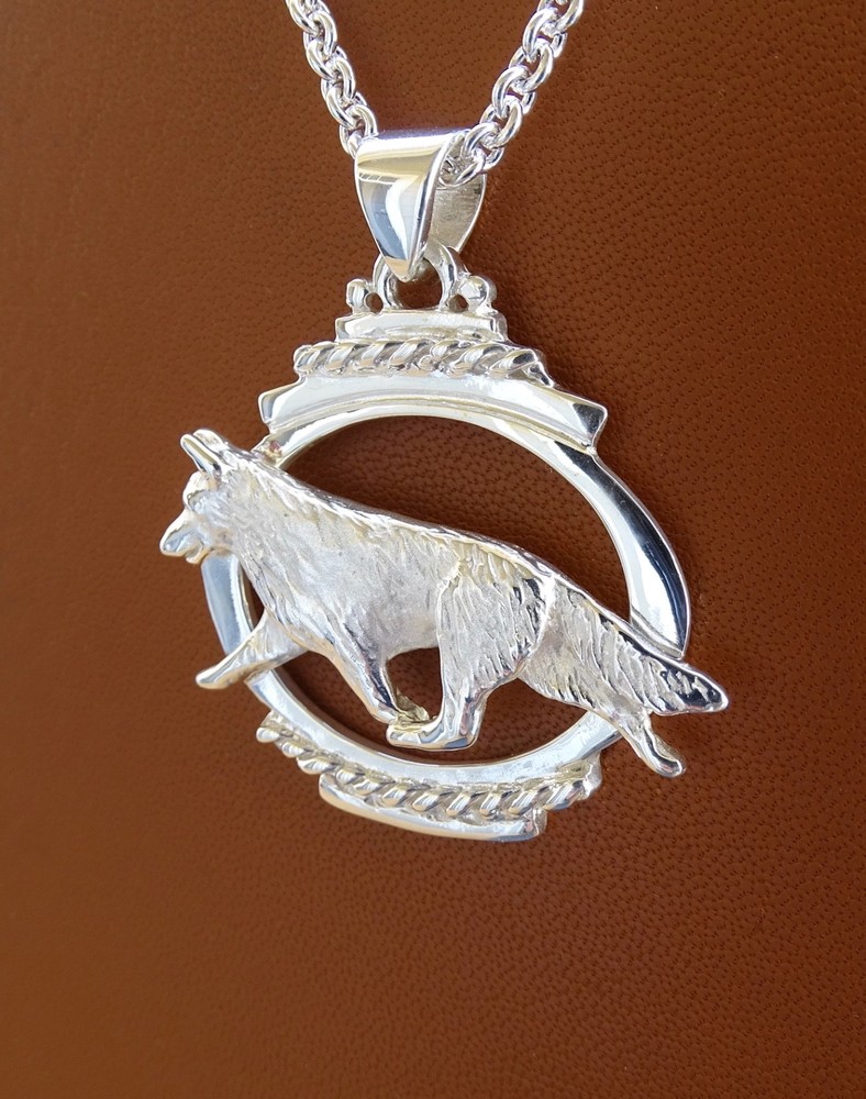 Large Sterling Silver German Shepherd Dog Moving Study On A Oval Frame