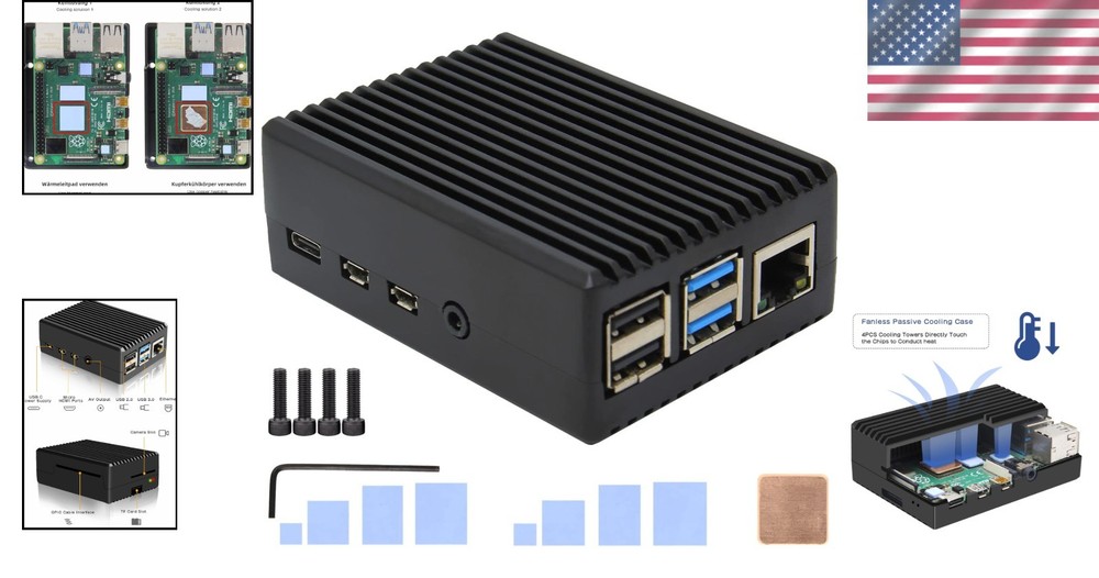 Aluminum Case for Raspberry Pi 4 Model B with Passive Cooling - Black