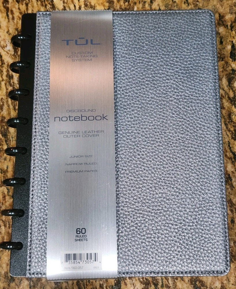 TUL Discbound Notebook, Silver Pebbled Leather Cover, Junior Size, 60 Sheet NEW