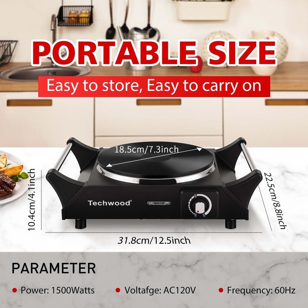 Portable 1500W Hot Plate - Adjustable Temp & Handles