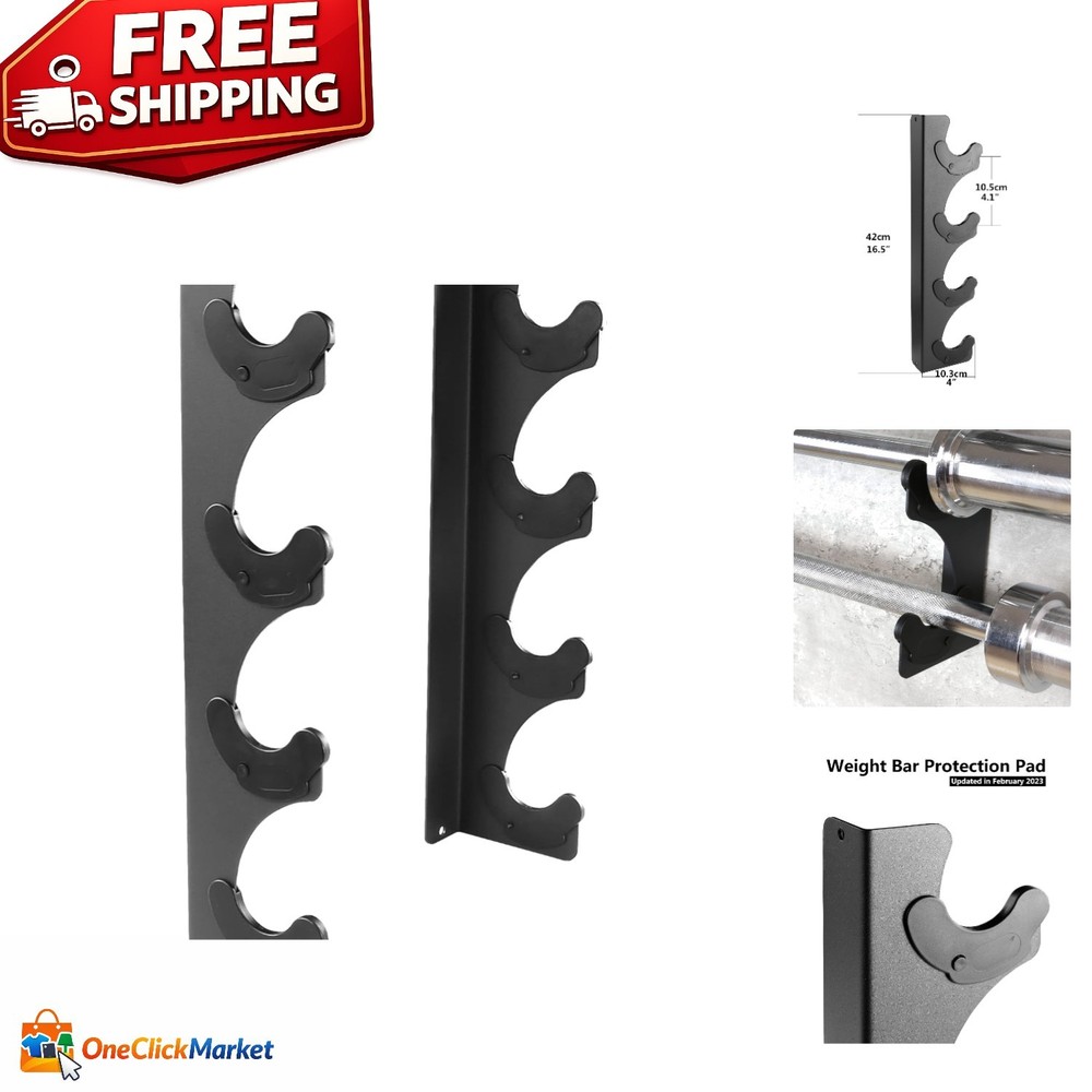 Wall-Mounted Barbell Rack - Holds 4 Weight Bars, Space-Saving Design