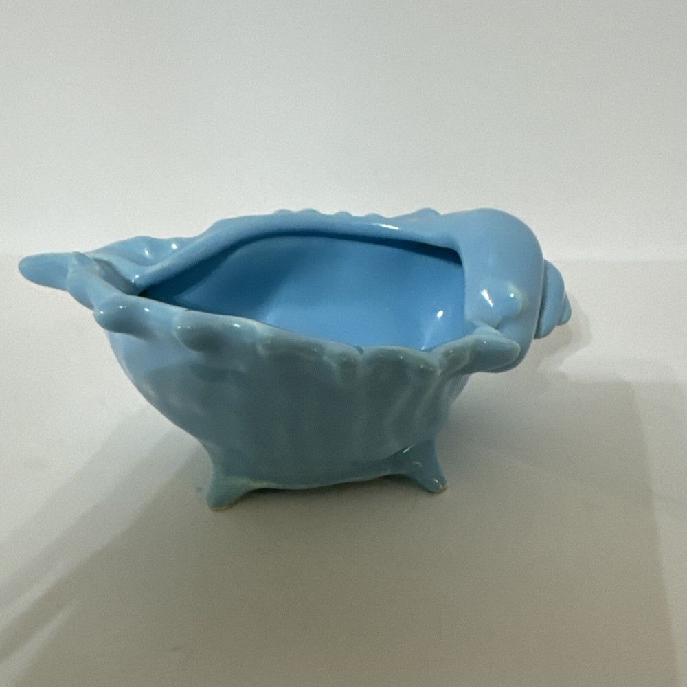 Blue Ceramic Conch Shell Planter Marked USA On Bottom 2.5” Tall
