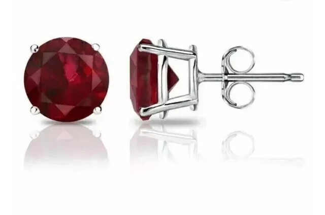2Ct Lab Created Red Ruby Stud Earrings 14K White Gold Round Cut 7Mm Push Back