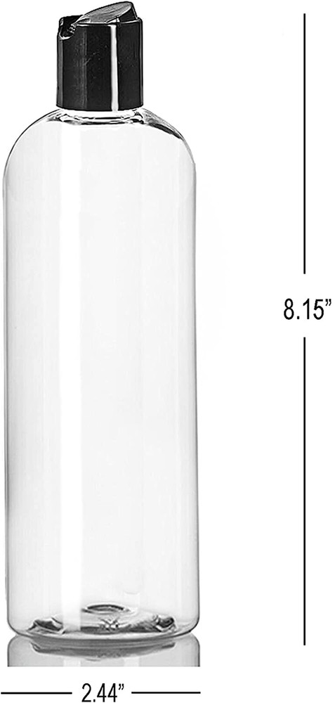16 oz Clear Plastic Empty Bottles with Black Disc Top Caps, Squeezable Refillabl
