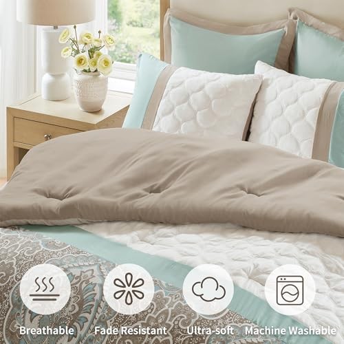 Luxe Quilted Comforter Set Modern California King Scrollwork Seafoam