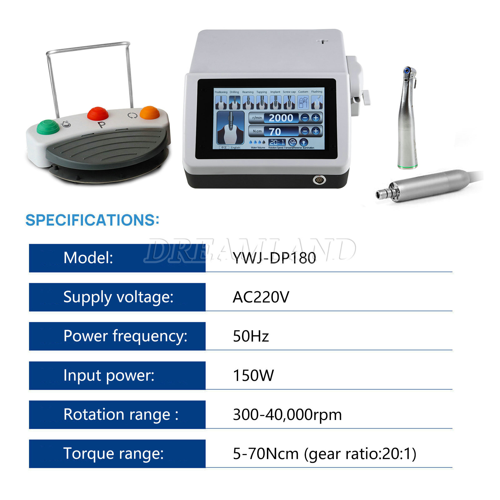 Dental Surgical Implant Motor Touch Screen w/ LED Fiber Optic 20:1 Contra Angle