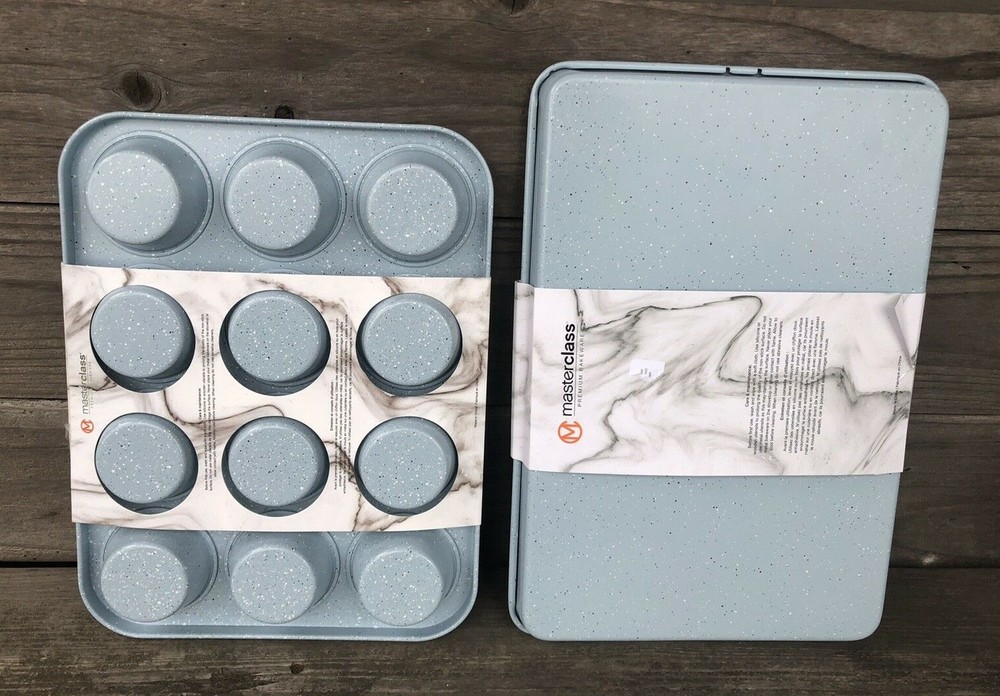 Masterclass Premium Bakeware. Muffin Pan & Cookie Sheet SET. Speckled Light Blue