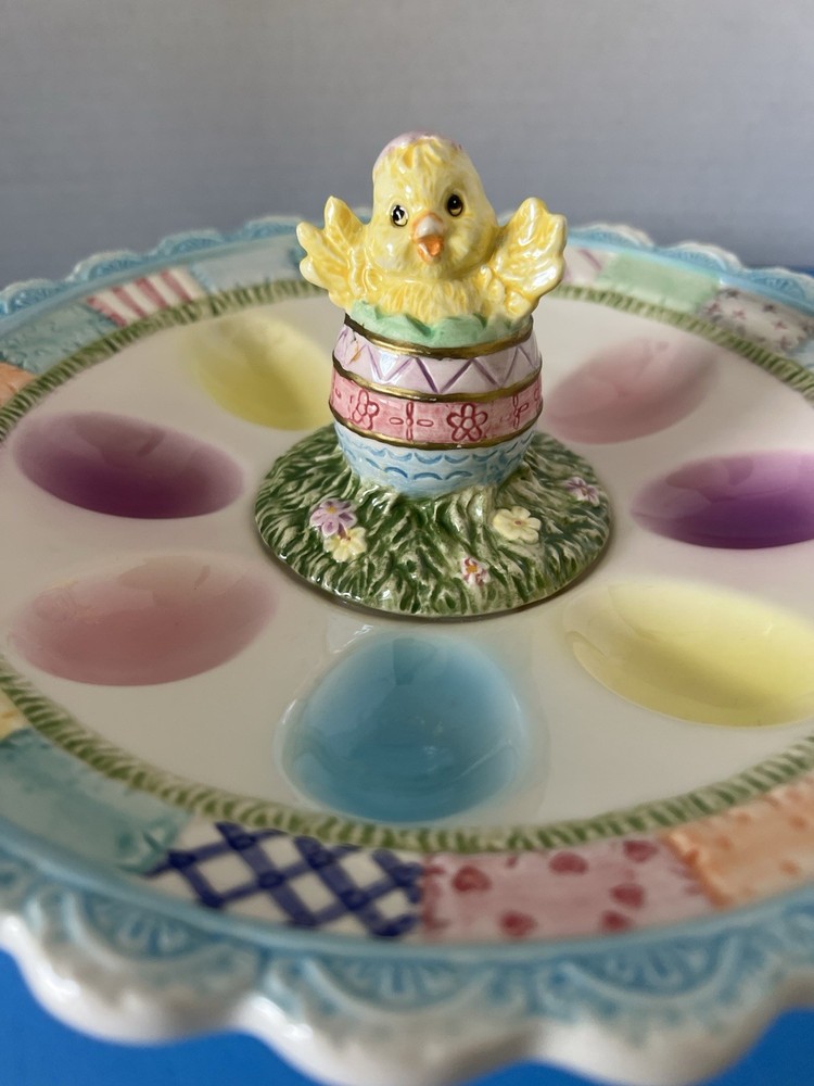 Vtg Ceramic Deviled Egg Platter Pastel Colors Center Chick 10”