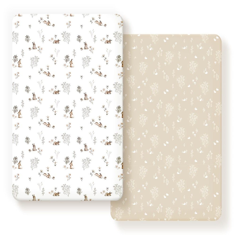 2 Pack Jersey Knit Fitted Crib Sheets, Stylish Watercolor Rabbit Pattern, Soft