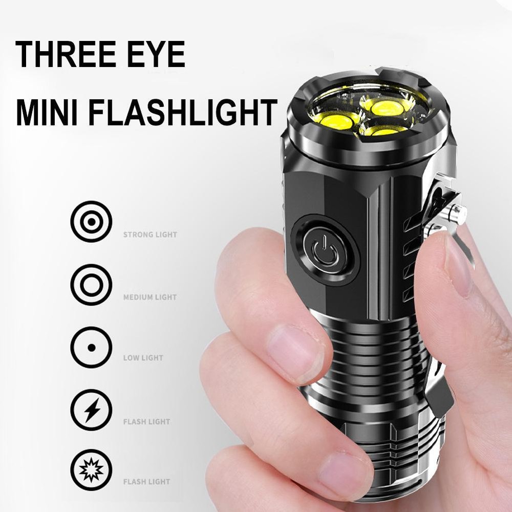 Three Eye Mini Flashlight Strong Lights Rechargeable Portable Outdoor