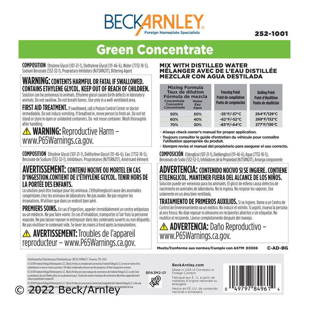 Engine Coolant / Antifreeze Beck/Arnley 252-1001