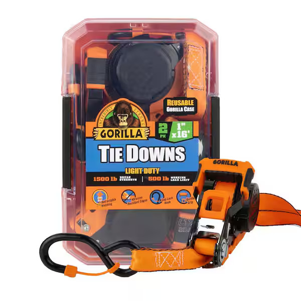 GORILLA 2PK  1" x 16' 1500 lb Self Locking Retractable Ratchet Strap