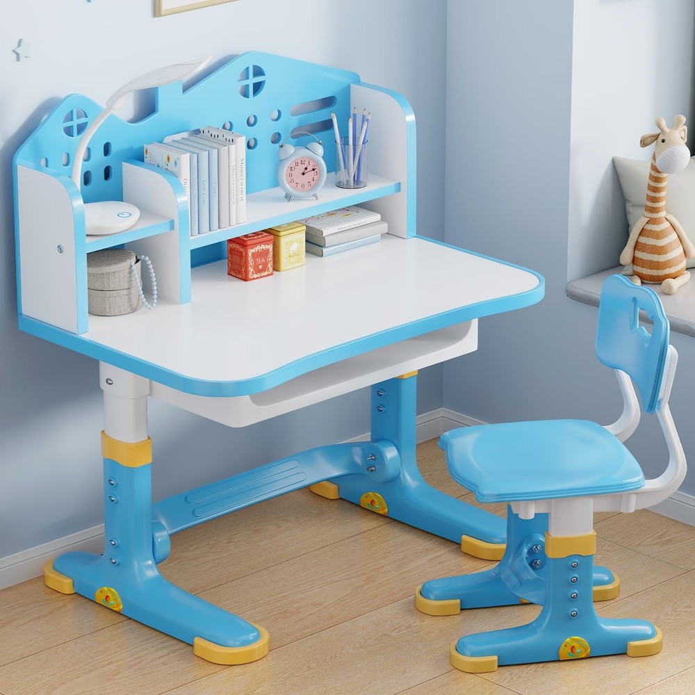Height Adjustable Kids Desk & Chair Set, Study Writing Table with Storage Drawer