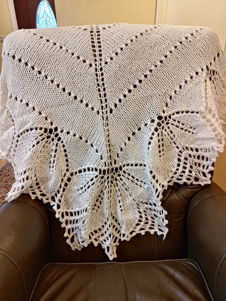 Handmade KNITTED SHAWL, off white, 80"x42"