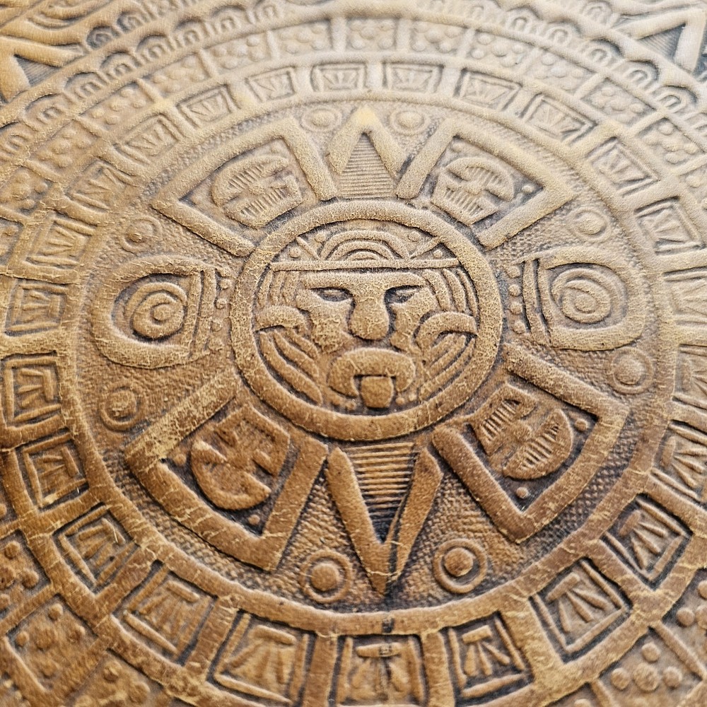 Vtg Aztec Calendar Tooled Leather Seat Cushion