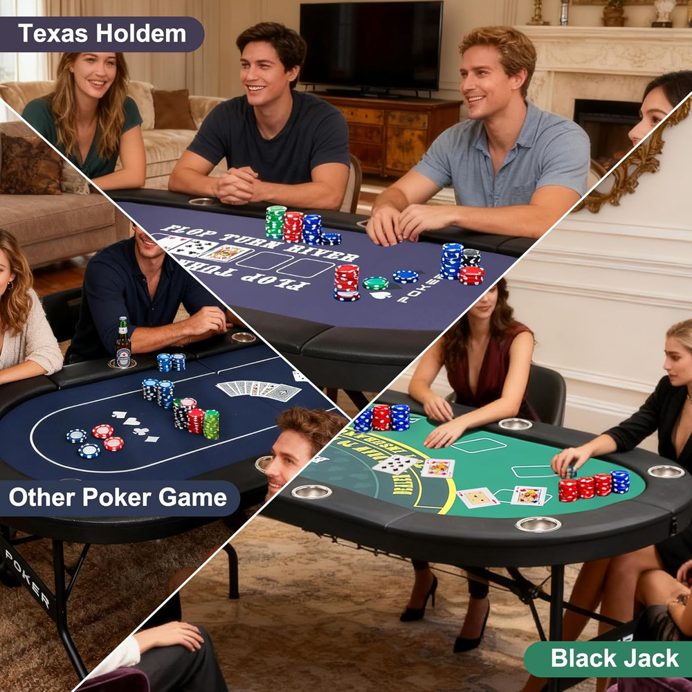 3-in-1 Foldable Poker Table for 8 with Reversible Mat & Cup Holders